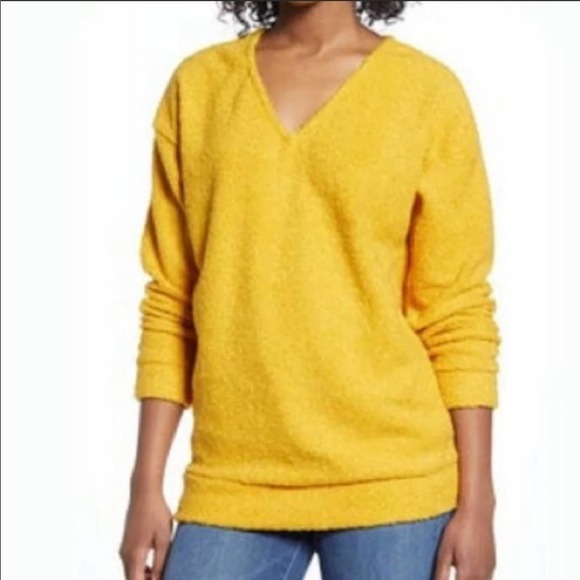 NWT Caslon Soft Cozy Sherpa Mustard V Neck Sweater - Picture 1 of 6
